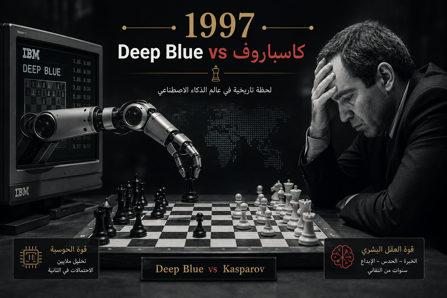 رسم توضيحي يمثّل مواجهة حاسوب Deep Blue مع بطل الشطرنج كاسباروف عام 1997