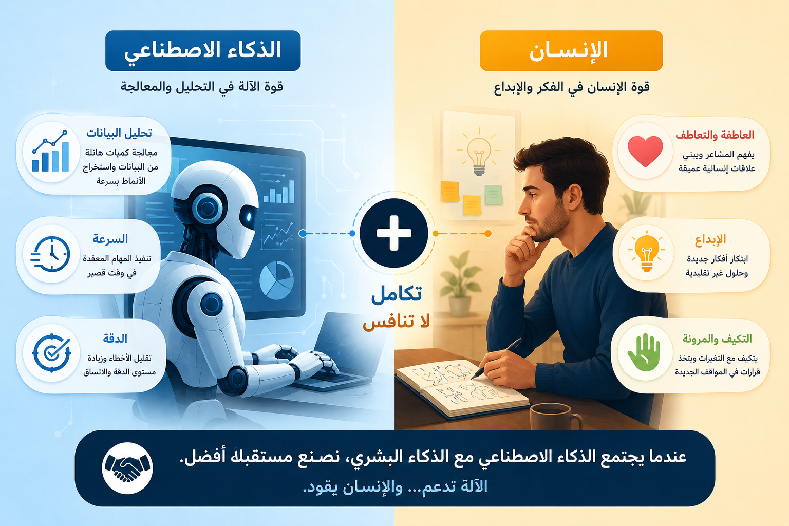 مقارنة بصرية بين نقاط قوة الإنسان ونقاط قوة الذكاء الاصطناعي توضح التكامل بينهما