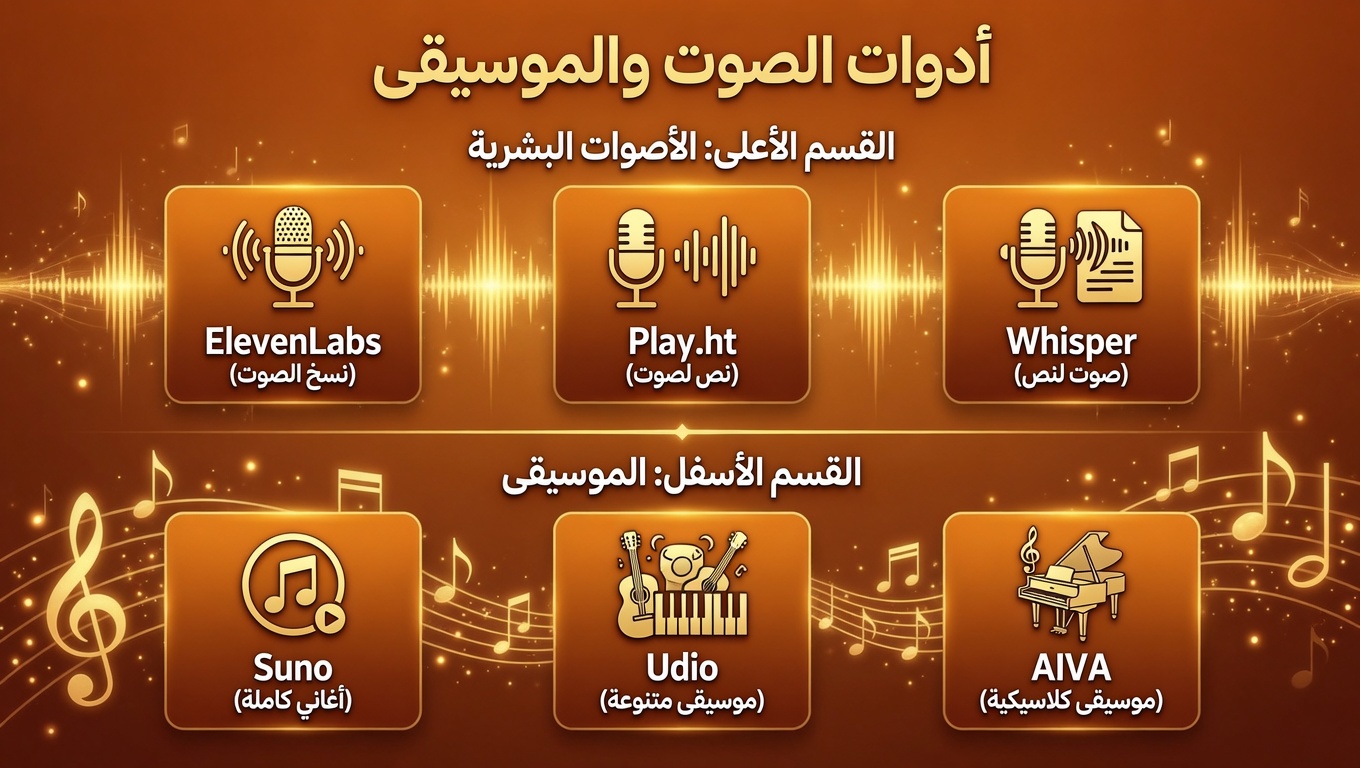 إنفوجرافيك يعرض أبرز أدوات الذكاء الاصطناعي لتوليد الأصوات البشرية والموسيقى