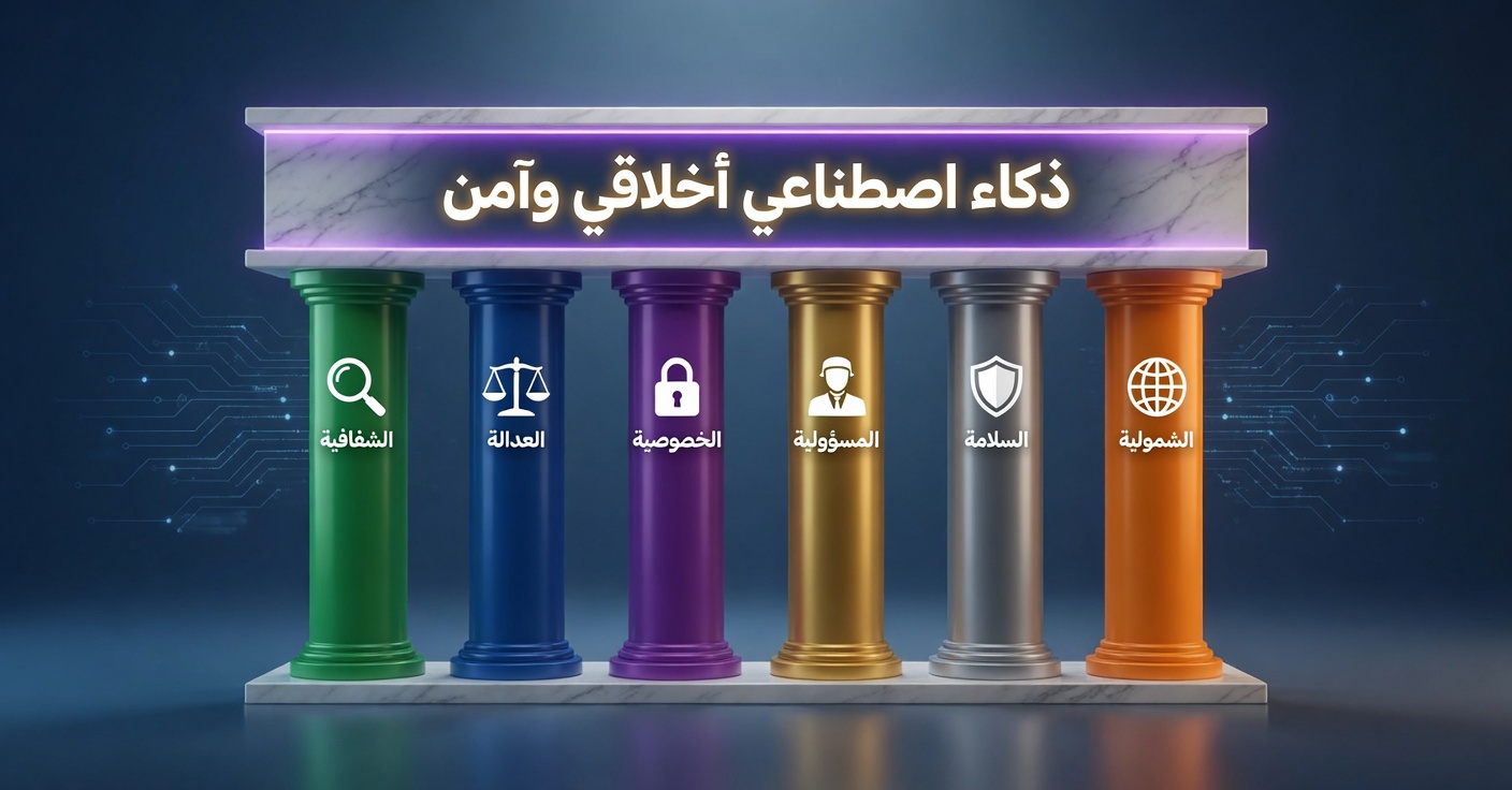 إنفوجرافيك يُظهر الركائز الست لأخلاقيات الذكاء الاصطناعي: الشفافية والعدالة والخصوصية والمسؤولية والسلامة والشمولية