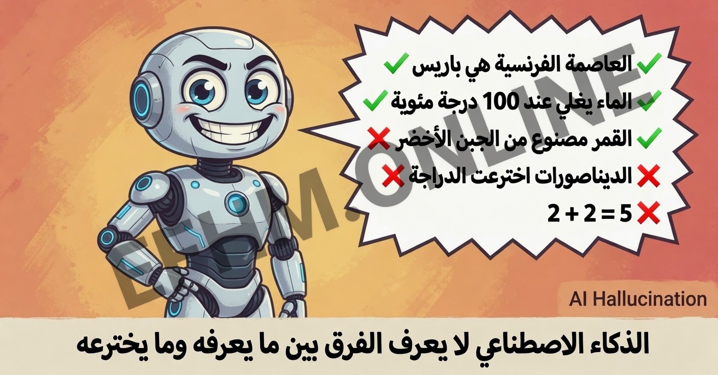 رسم كاريكاتيري يُظهر ظاهرة هلوسة الذكاء الاصطناعي حيث يُقدم معلومات مخترعة بنفس الثقة التي يُقدم بها الحقائق