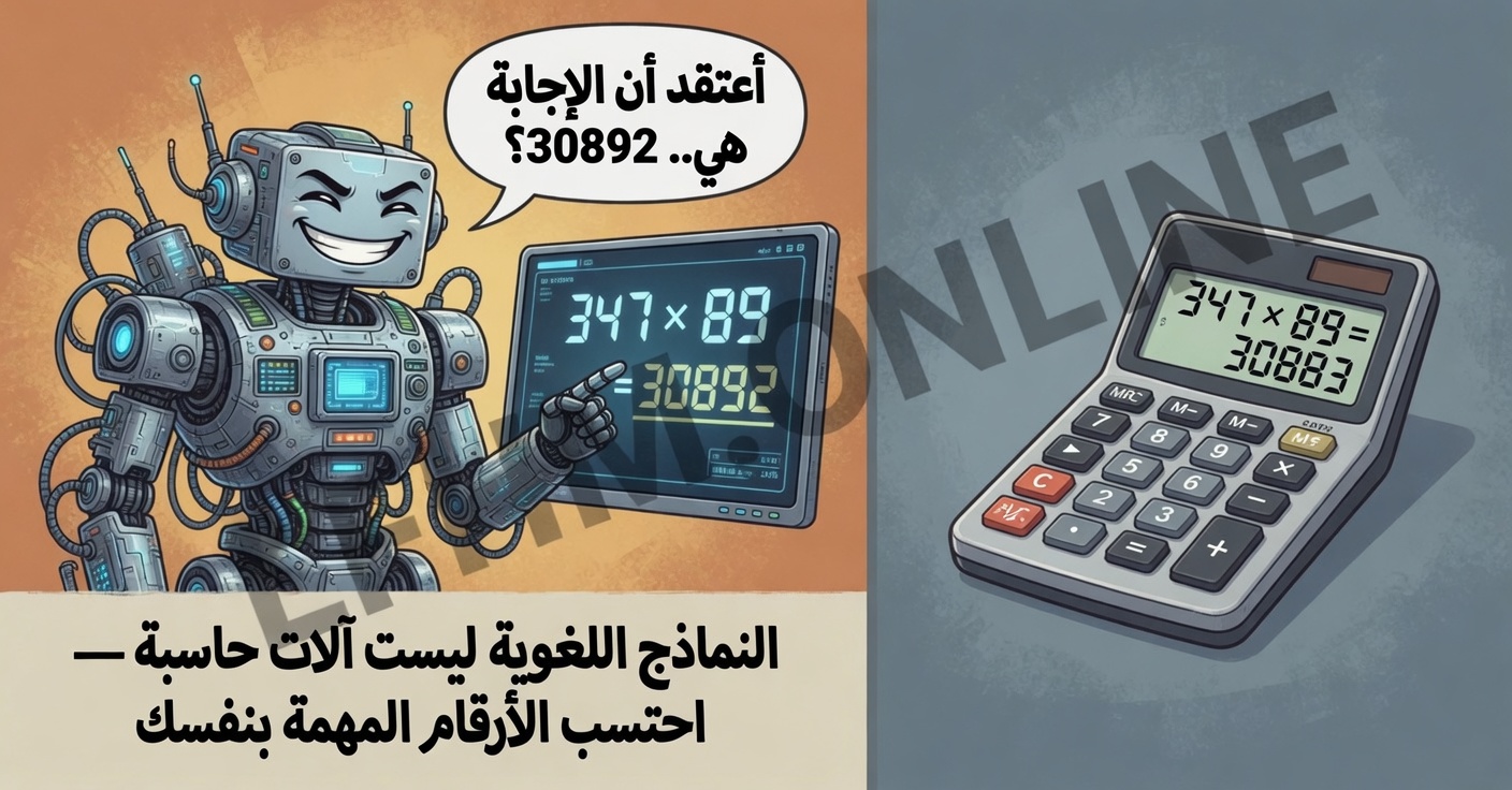 رسم طريف يُبيّن الفارق بين دقة الآلة الحاسبة وأخطاء الذكاء الاصطناعي اللغوي في المسائل الرياضية