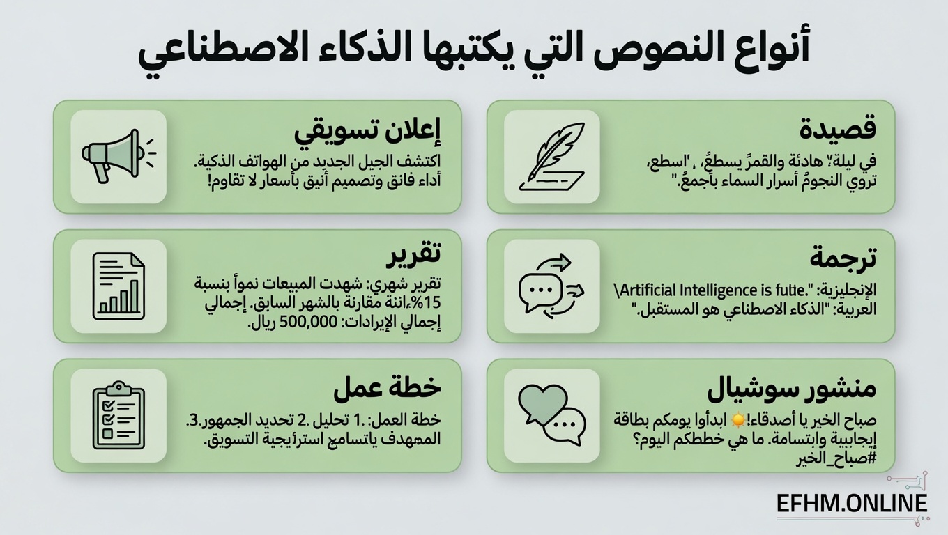 إنفوجرافيك يعرض أنواع النصوص المختلفة التي يستطيع الذكاء الاصطناعي التوليدي كتابتها