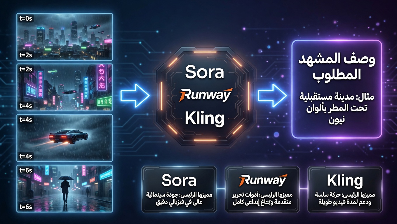 رسم يُظهر كيف تحوّل أدوات الذكاء الاصطناعي الوصف النصي إلى مقاطع فيديو احترافية