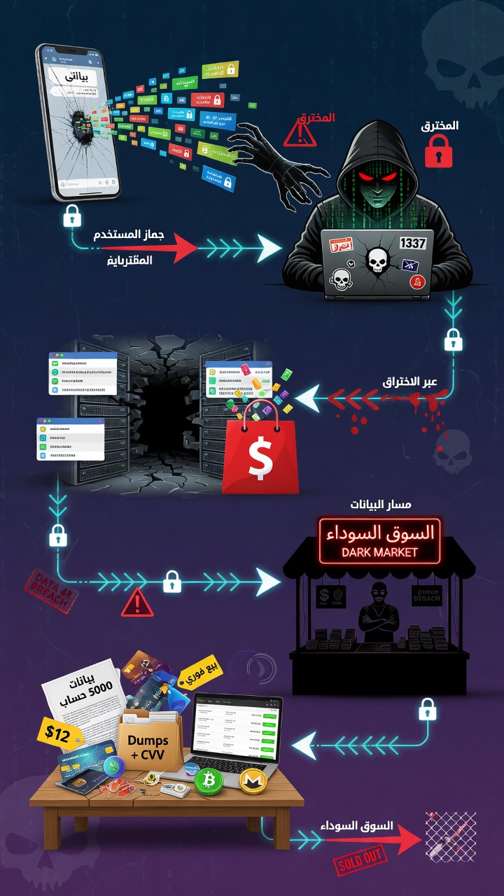 رحلة البيانات المسروقة — من الاختراق إلى البيع والاستخدام