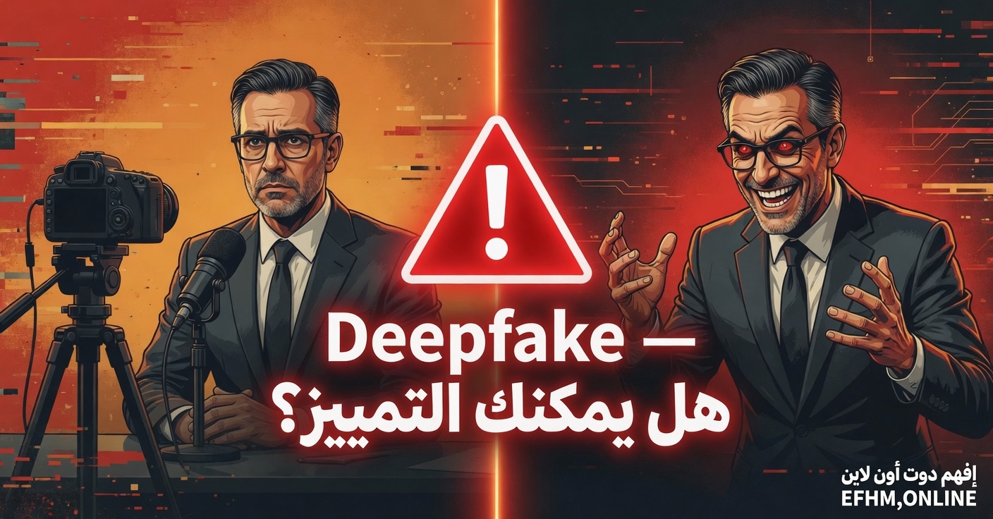 رسم توضيحي تحذيري يُظهر مفهوم Deepfake وخطر المحتوى المرئي المزيف بالذكاء الاصطناعي