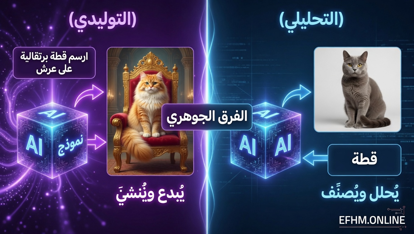 مقارنة بصرية بين الذكاء الاصطناعي التحليلي الذي يُصنّف المحتوى والتوليدي الذي يُنشئ محتوى جديداً