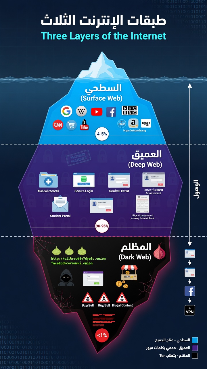 طبقات الإنترنت الثلاث: الويب السطحي والعميق والمظلم