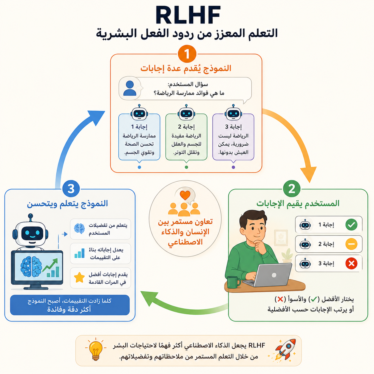 رسم يوضح تقنية التعلم المعزز من ردود الفعل البشرية المستخدمة في تدريب ChatGPT