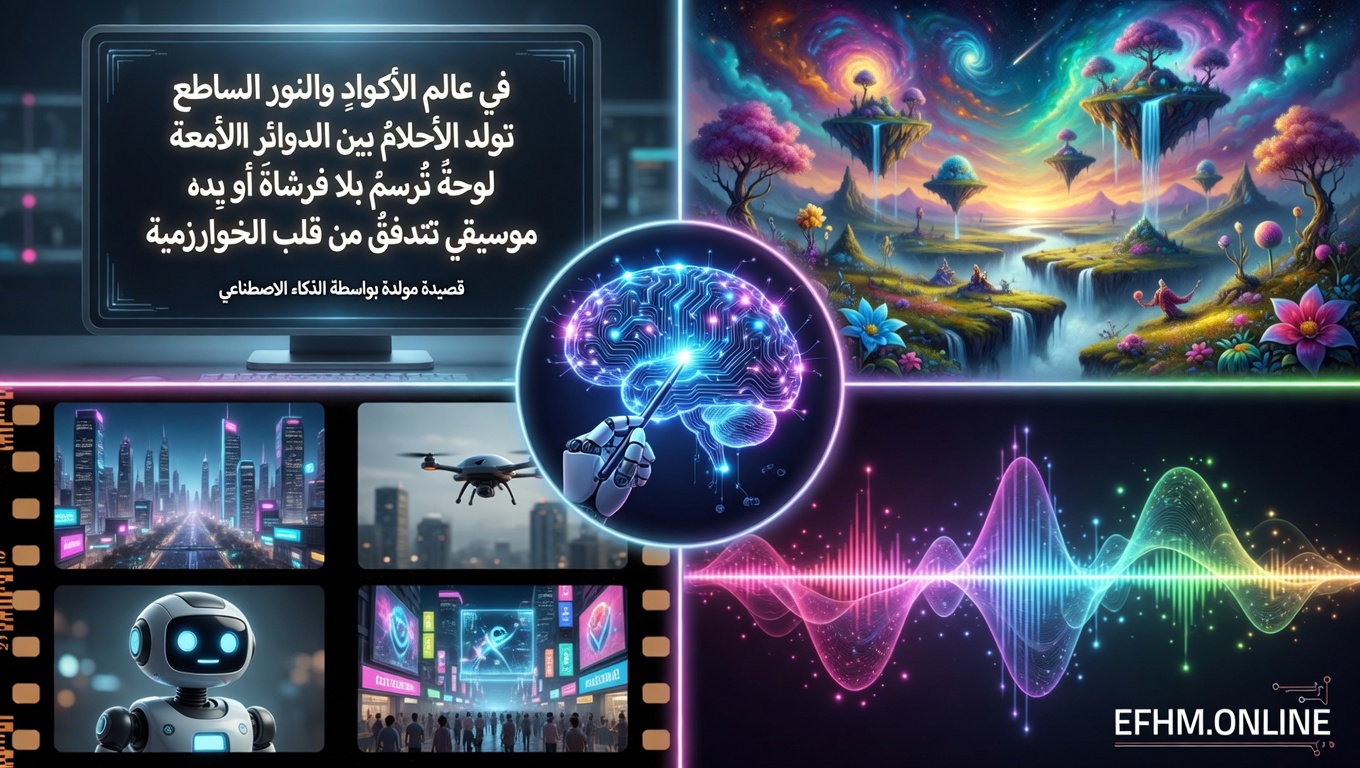 كولاج يُظهر أنواع المحتوى الإبداعي التي يستطيع الذكاء الاصطناعي التوليدي إنشاؤها من نصوص وصور وصوت وفيديو
