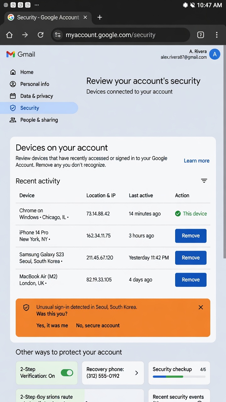 gmail security settings account review devices connected