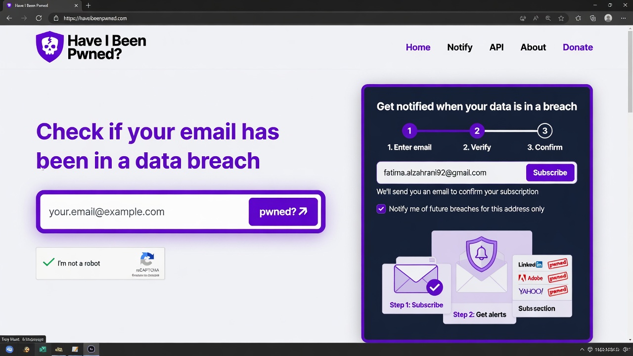 haveibeenpwned website interface email search notification