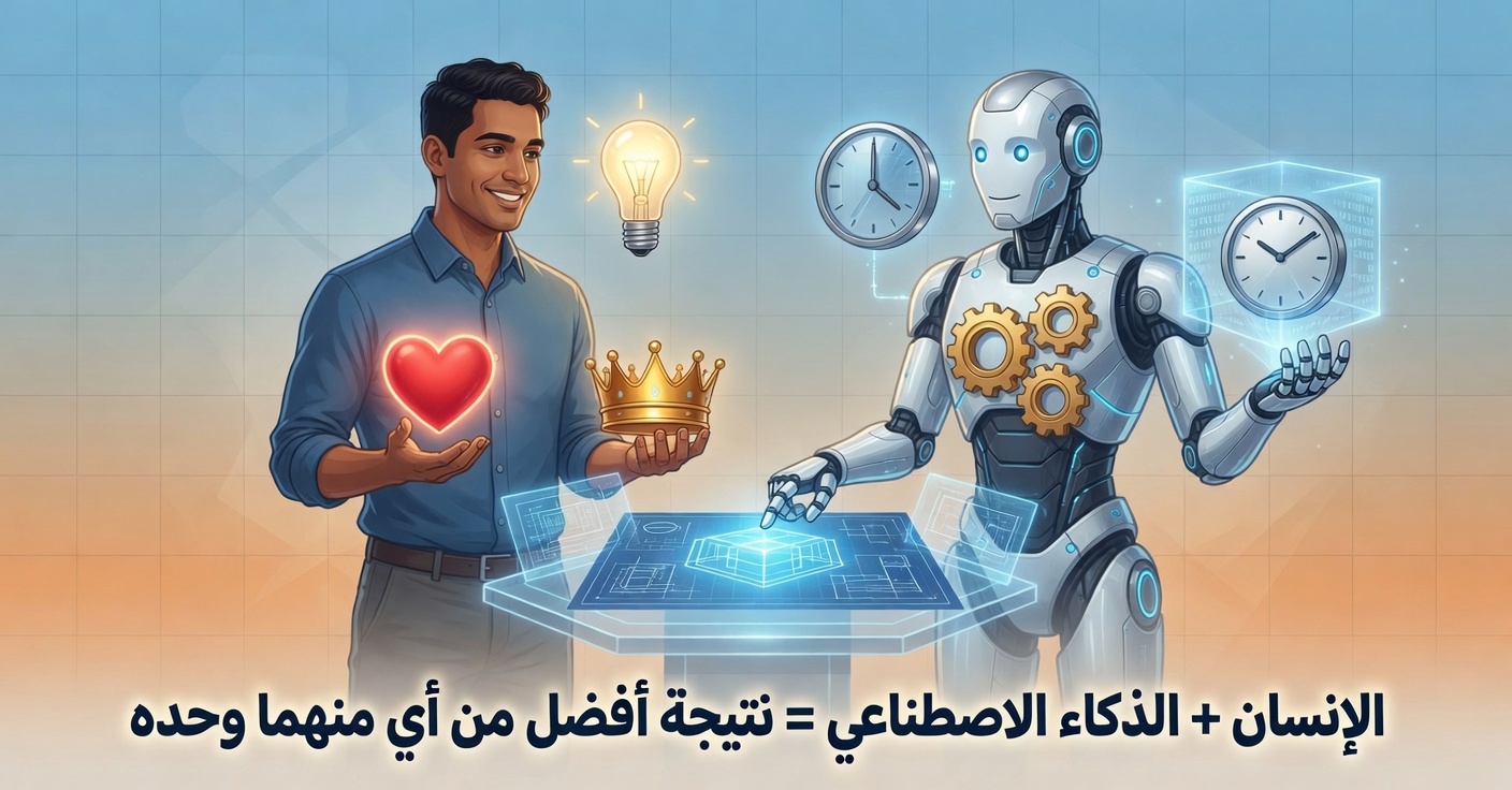 رسم يُظهر التكامل بين الإنسان والذكاء الاصطناعي حيث كل منهما يُكمل الآخر بنقاط قوته