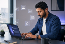 Arab professional using AI in modern office