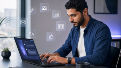 Arab professional using AI in modern office