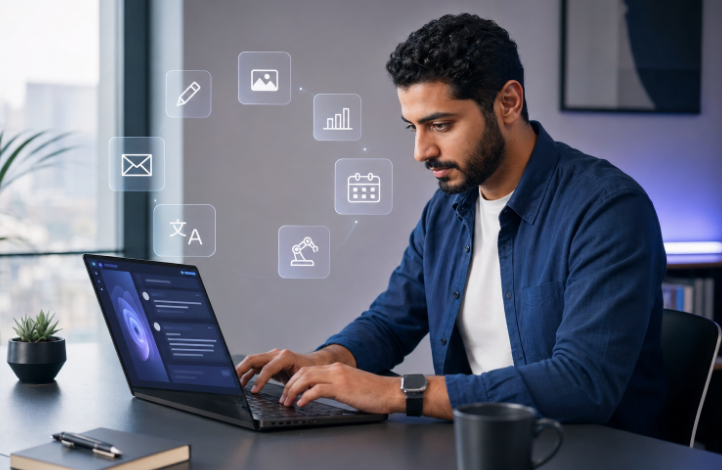 Arab professional using AI in modern office